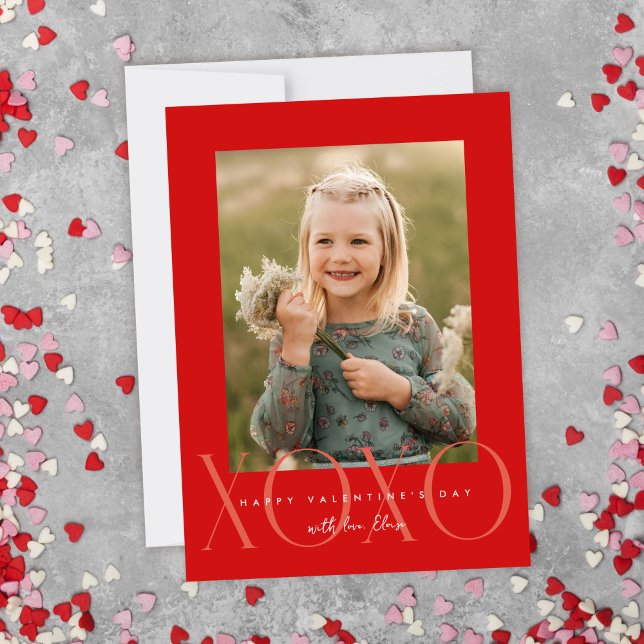 Red Modern XOXO Photo Classroom Valentine Card Tack Kort (Skapare uppladdad)