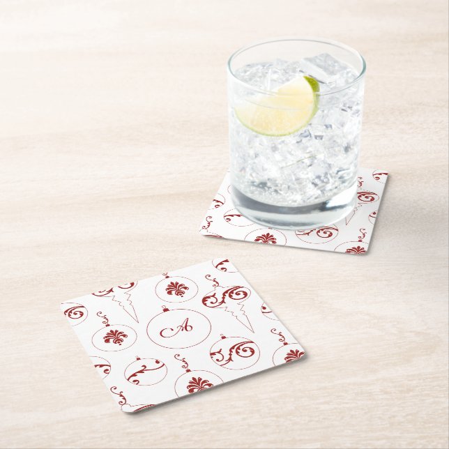 Red Monogram Bauble Ornaments Mönster jul Underlägg Papper Kvadrat (Insitu)