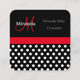 Red Monogram Black White Polka Dot Fyrkantigt Visitkort