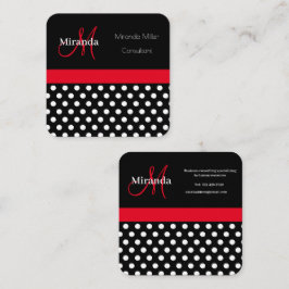 Red Monogram Black White Polka Dot Fyrkantigt Visitkort