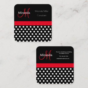 Red Monogram Black White Polka Dot Fyrkantigt Visitkort