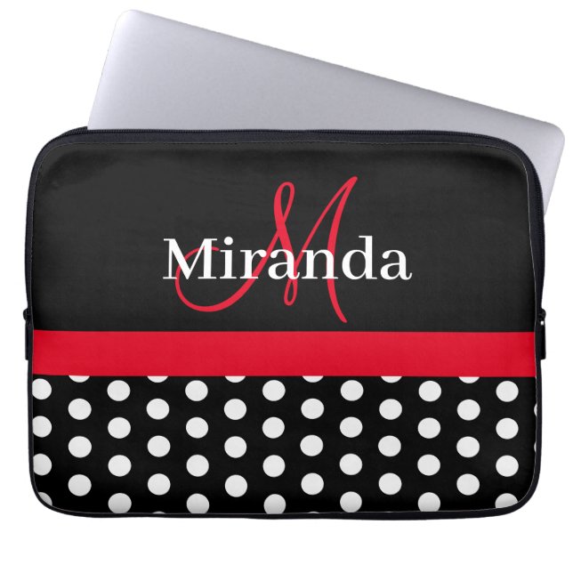 Red Monogram Black White Polka Dot Laptop Fodral (Framsidan)