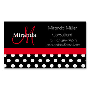 Red Monogram Black White Polka Dot Magnetiska Visitkort