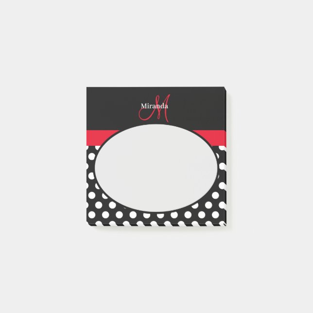 Red Monogram Black White Polka Dot Post-it Block (Framsida)