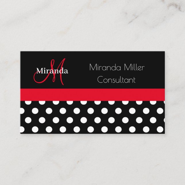 Red Monogram Black White Polka Dot Visitkort (Framsida)