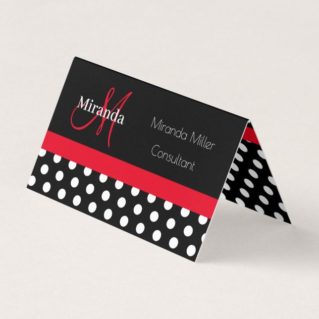 Red Monogram Black White Polka Dot Visitkort (Framsida)