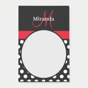 Red Monogram Black White Polka-prickar Post-it Block