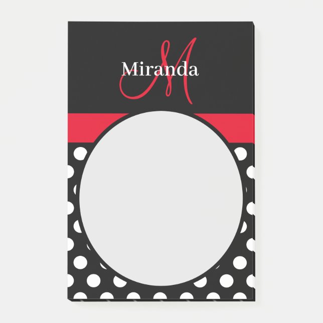 Red Monogram Black White Polka-prickar Post-it Block (Framsida)