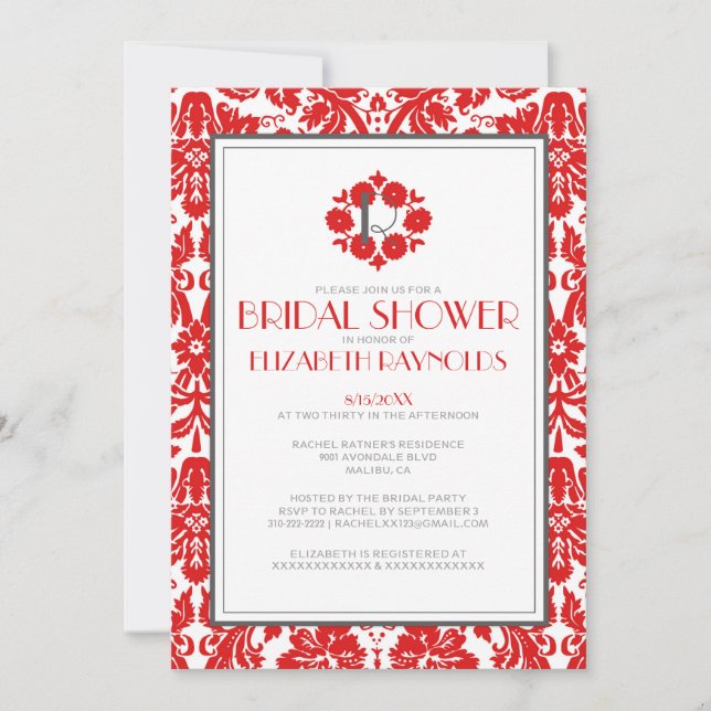 Red Monogram Damask Inbjudningskort för möhippa (Framsida)