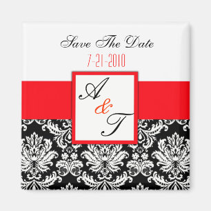 Red Monogram Damask Wedand Magnet