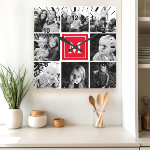 Red Monogram Family Photo Collage Fyrkantig Klocka