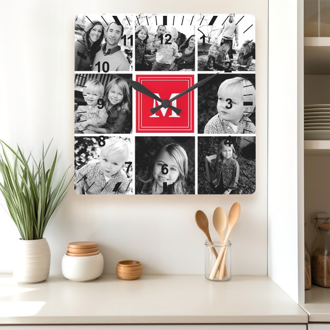 Red Monogram Family Photo Collage Fyrkantig Klocka (Skapare uppladdad)