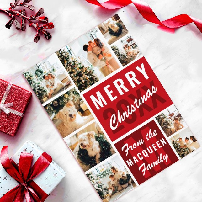 Red Monogram Family Photo Collage jul Kort (Skapare uppladdad)