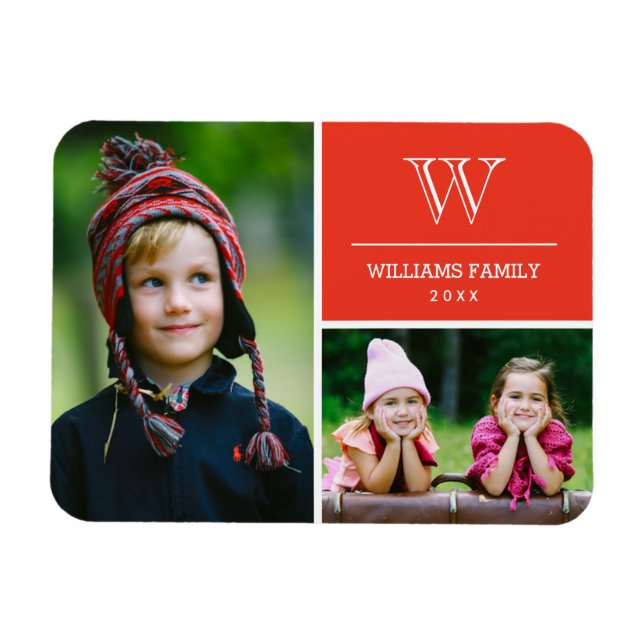 Red Monogram Family Photo Magnet (Horisontell)