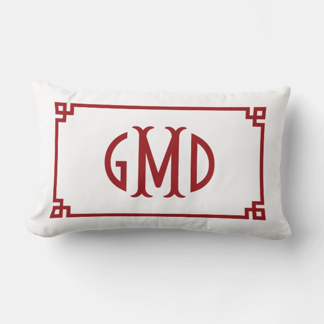 Red Monogram Grekiska Nyckel Gräns Lumbar Pillow Lumbarkudde (Framsida)