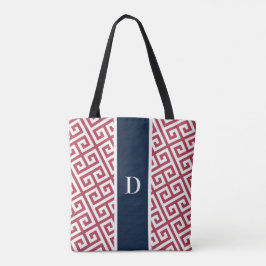 Red Monogram Grekiska Nyckel Tote Bag Tygkasse