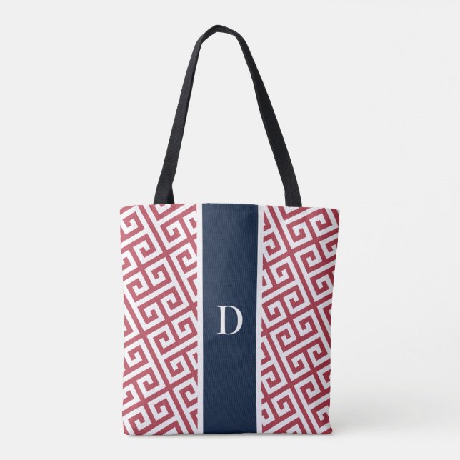 Red Monogram Grekiska Nyckel Tote Bag Tygkasse (Baksida)
