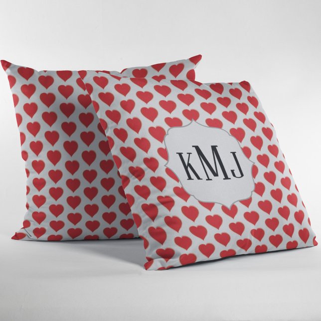 Red Monogram Heart Mönster Anpassningsbar Kudde (Cute heart pattern monogram pillow. )