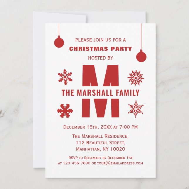 Red Monogram Julfest God jul Bollar Inbjudningar (Framsida)