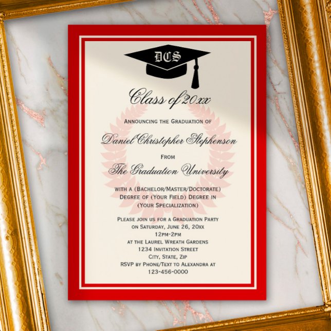 Red Monogram Laurel Classic College Graduation Inbjudningar (Skapare uppladdad)