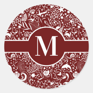 Red Monogram Original Ocean Mönster Classic Round Runt Klistermärke