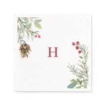 Red Monogram Watercolor jul Greenery Berry