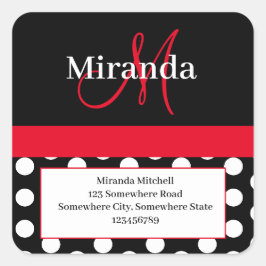 Red Monogram White Polka Dot Returadress Fyrkantigt Klistermärke