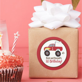 Red Monster Lastbil Birthday Favor Runt Klistermärke