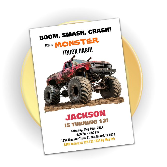 Red Monster Lastbil Birthday-inbjudningar Inbjudningar (Red Monster Truck Birthday Invitations)