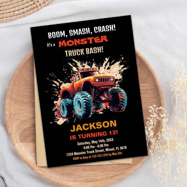 Red Monster Lastbil Birthday-inbjudningar Inbjudningar (Red Monster Truck Birthday Invitations)