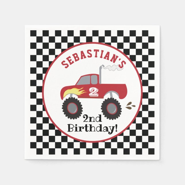 Red Monster Lastbil Birthday Tävla Lastbilar Boys Pappersservett (Framsidan)