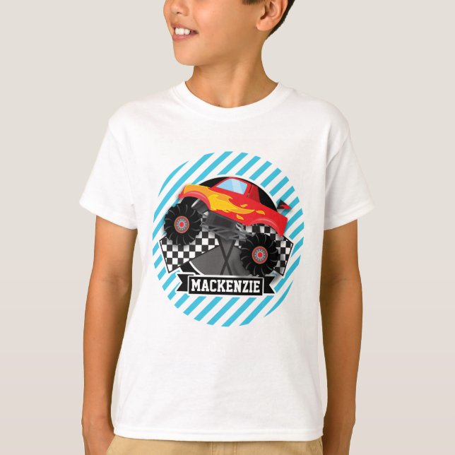 Red Monster Lastbil; Checkated Flagga; Blue Rand Tröja (Framsida)