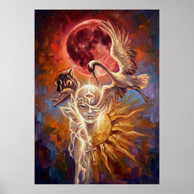 Red Moon Crane Symbolic Art Poster (Framsidan)