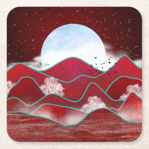 Red Moonrise Underlägg Papper Kvadrat