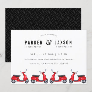 Red Moped Scooter Theme Joint Birthday Inbjudningar