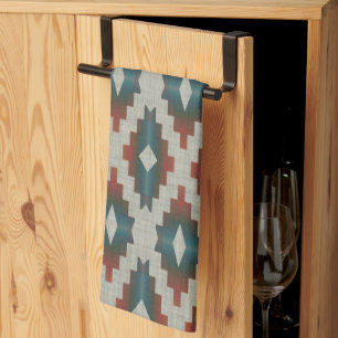 Red Mörk Brown Teal Blue Grått Tribal Art Mönster Kökshandduk