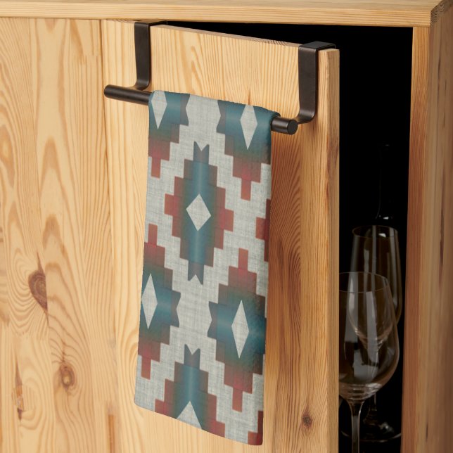 Red Mörk Brown Teal Blue Grått Tribal Art Mönster Kökshandduk (Thirds Fold)