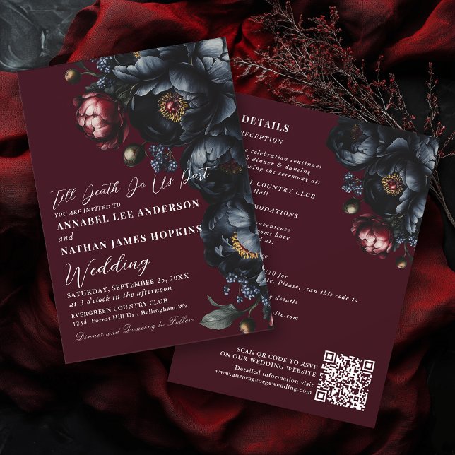 Red Mörk Moody Peony Gothic Bröllop QR-kod Inbjudningar (Skapare uppladdad)
