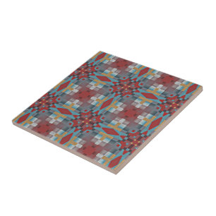 Red Mörk Teal Blue Mustard Gult Ethnic Tribe Art Kakelplatta