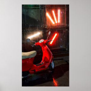 Red Motor Bike Blöt i Rain Poster