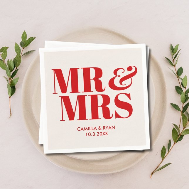 Red Mr & Mrs Personlig Bröllop Napkins Pappersservett (Red Mr & Mrs Personalized Wedding Napkins)