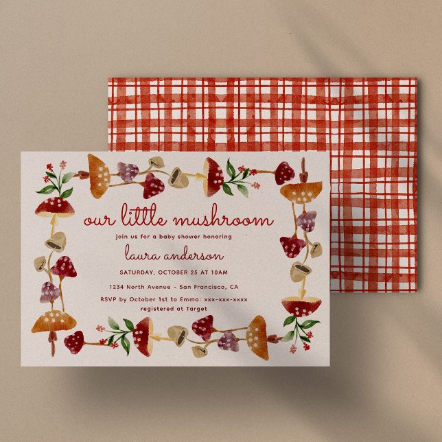 Red Mushroom Baby Shower Gender Reveal Inbjudningar (our little mushroom woodland baby shower with red toile de vichy pattern at the back)
