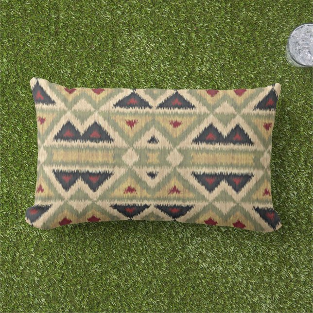 Red Mustard Gult Oliv grönt Ikat Tribal Art Lumbarkudde (Gräs)