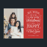 Red Mycket God jul Photo Helgdag Vykort<br><div class="desc">Typografidrivna foto-helgdagskort med ord "vi önskar er ett mycket god jul och ett Gott nytt år".</div>