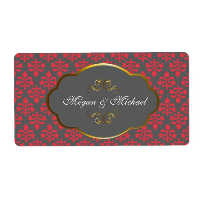 Red n Brown Damask bröllopsetiketter Fraktsedel (Framsidan)