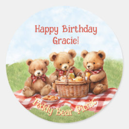 Red Nalle Picnic Birthday Sticker Runt Klistermärke