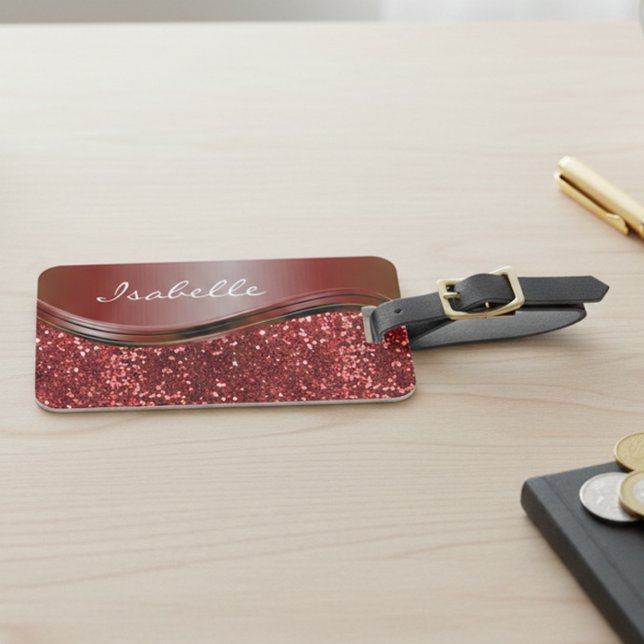 Red Namn Faux Glitter Bling Personlig Bagagebricka (Skapare uppladdad)