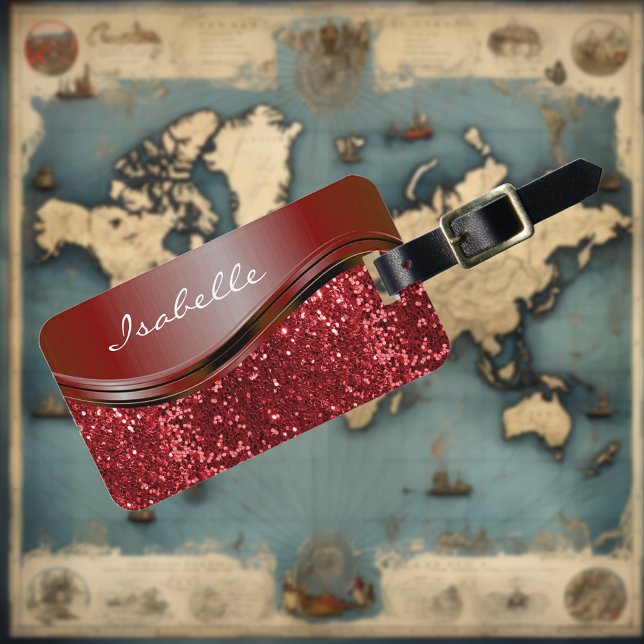 Red Namn Faux Glitter Bling Personlig Bagagebricka (Skapare uppladdad)