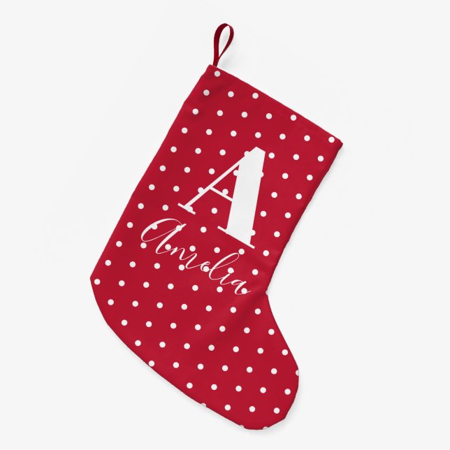 Red Namn Monogram Polka dots Dubbla Side Liten Julstrumpa (Framsidan (Hängande))