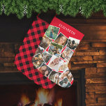 Red Namn Photo Collage Large Julgaffling Stor Julstrumpa<br><div class="desc">Personlig julklump med en traditionell röd bakgrund som kan ändras till vilken färg som helst,  en 15 fotokollage som du kan ersätta med ditt eget bilder och namn. På motsatt sida finns en traditionell festiativ pladatartan mönster.</div>